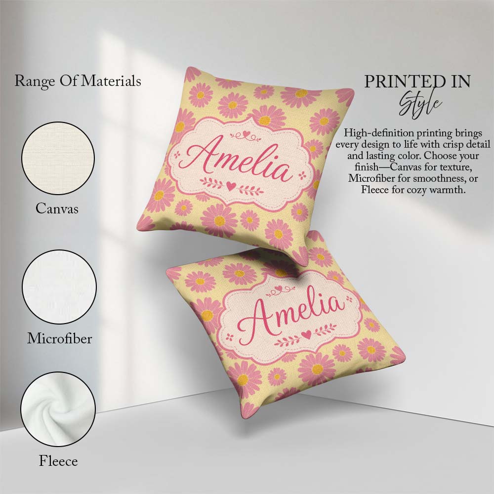 Custom Name Pink Daisy Floral on Soft Yellow Background Seamless Square Filled Cushion Throw Pillow Sofa Bed Home Decor Zip Washable UK Made