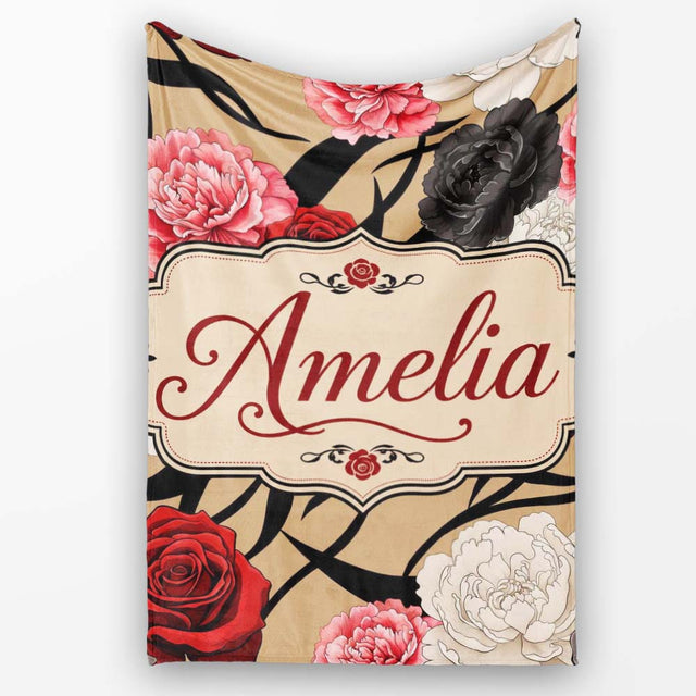 Elegant Rose Floral with Black Red and White Flowers on Beige Lovely  Personalised Custom Name Super Soft Fleece Blanket Bed Sofa Throw