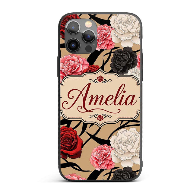Elegant Rose Floral with Black Red and White Custom Name Protective Phone Case Mobile Cover Durable Everyday Smartphone Shock Resistant