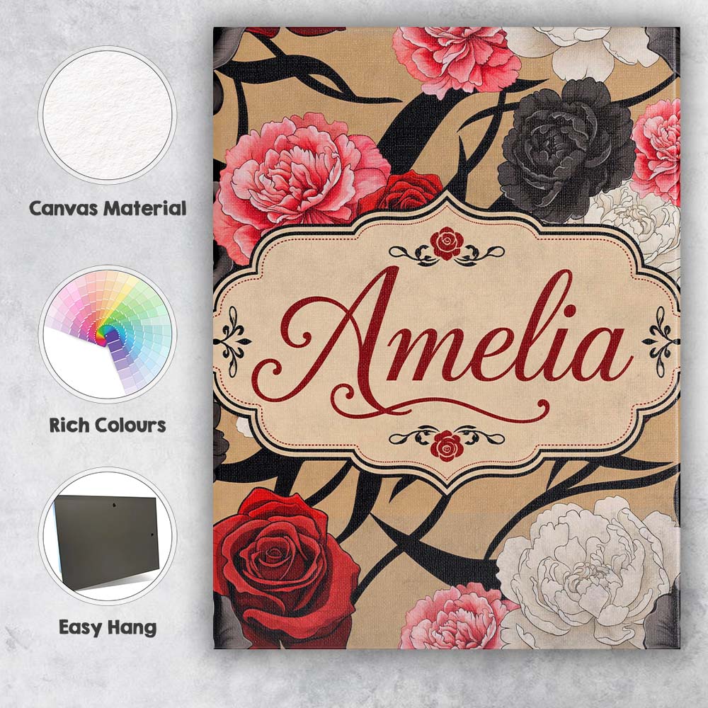 Personalised Name Elegant Rose Floral with Custom  Bespoke Contemporary Statement Canvas Wall Art Print Decor Picture Ready to Hang
