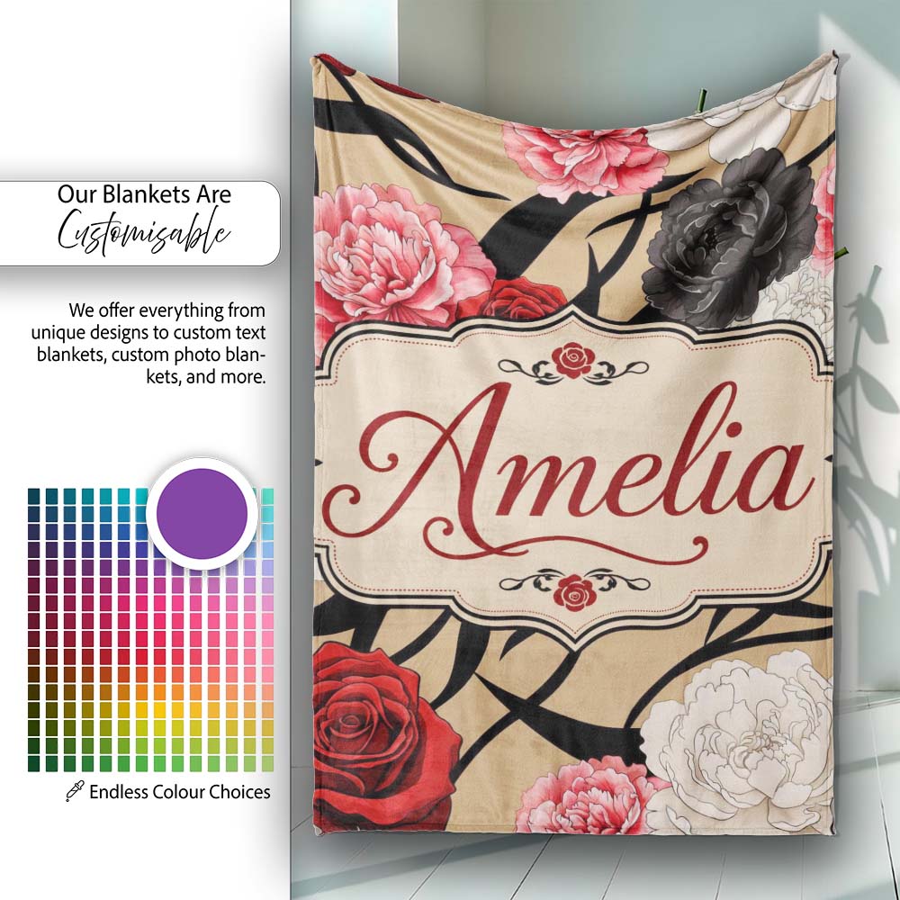 Elegant Rose Floral with Black Red and White Flowers on Beige Lovely  Personalised Custom Name Super Soft Fleece Blanket Bed Sofa Throw