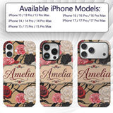 Elegant Rose Floral with Black Red and White Custom Name Protective Phone Case Mobile Cover Durable Everyday Smartphone Shock Resistant