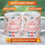 Personalized Custom Name Elegant Pink Flamingos Tropical Flowers on Soft Pink Background 11oz Ceramic Coffee Tea Mug White Large Handle