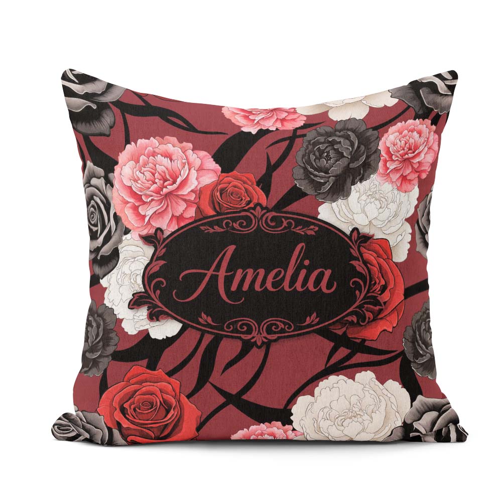 Custom Name Elegant Rose Floral with Black Red and White on Deep Square Filled Cushion Throw Pillow Sofa Bed Home Decor Zip Washable UK Made