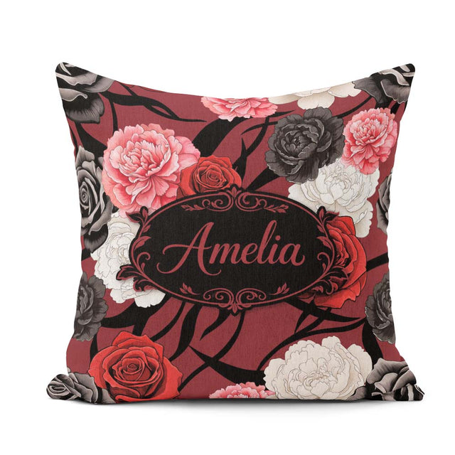 Custom Name Elegant Rose Floral with Black Red and White on Deep Square Filled Cushion Throw Pillow Sofa Bed Home Decor Zip Washable UK Made