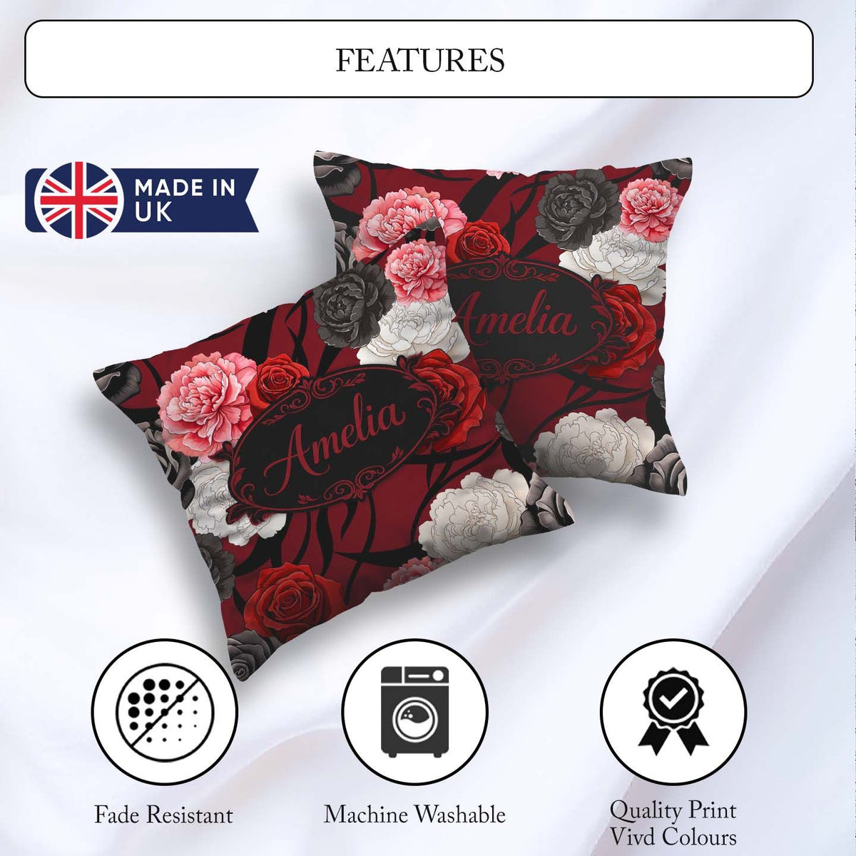 Custom Name Elegant Rose Floral with Black Red and White on Deep Square Filled Cushion Throw Pillow Sofa Bed Home Decor Zip Washable UK Made