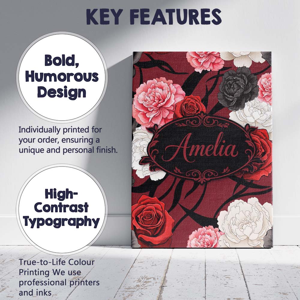 Personalised Name Elegant Rose Floral with Custom  Bespoke Contemporary Statement Canvas Wall Art Print Decor Picture Ready to Hang