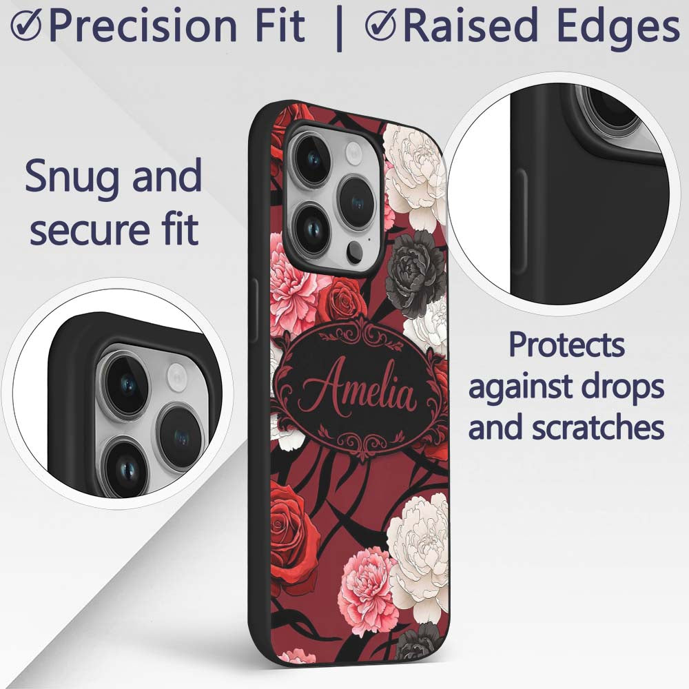 Elegant Rose Floral with Black Red and White Custom Name Protective Phone Case Mobile Cover Durable Everyday Smartphone Shock Resistant