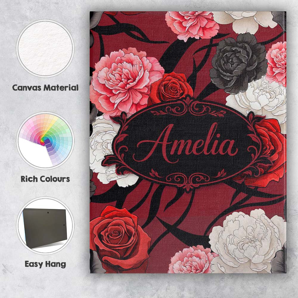 Personalised Name Elegant Rose Floral with Custom  Bespoke Contemporary Statement Canvas Wall Art Print Decor Picture Ready to Hang