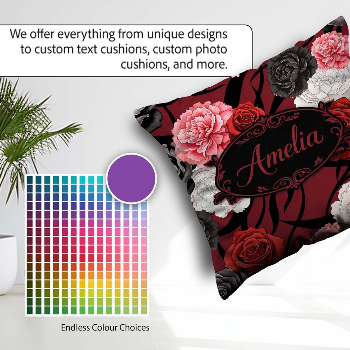 Custom Name Elegant Rose Floral with Black Red and White on Deep Square Filled Cushion Throw Pillow Sofa Bed Home Decor Zip Washable UK Made
