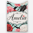 Elegant Rose Floral with Black Red and White Flowers on Teal Lovely  Personalised Custom Name Super Soft Fleece Blanket Bed Sofa Throw