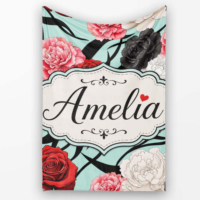 Elegant Rose Floral with Black Red and White Flowers on Teal Lovely  Personalised Custom Name Super Soft Fleece Blanket Bed Sofa Throw