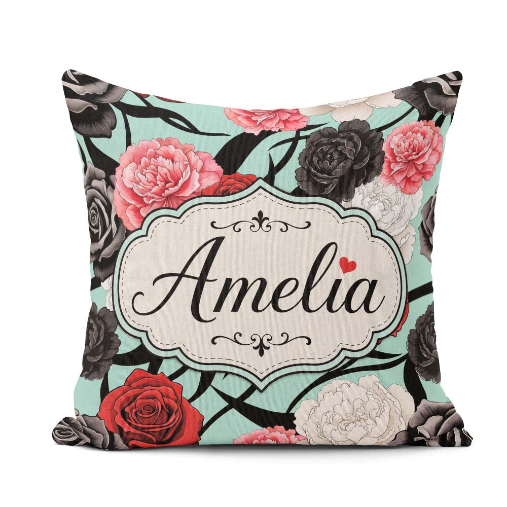 Custom Name Elegant Rose Floral with Black Red and White on Teal Square Filled Cushion Throw Pillow Sofa Bed Home Decor Zip Washable UK Made
