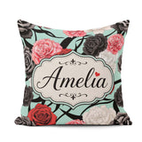 Custom Name Elegant Rose Floral with Black Red and White on Teal Square Filled Cushion Throw Pillow Sofa Bed Home Decor Zip Washable UK Made