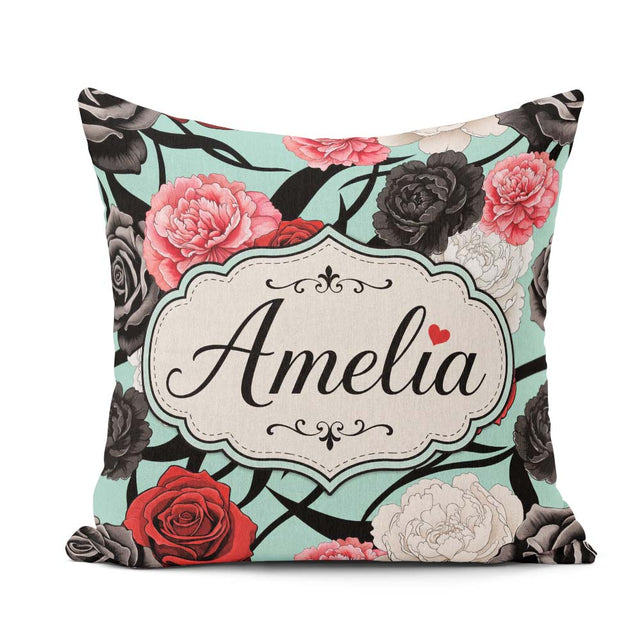 Custom Name Elegant Rose Floral with Black Red and White on Teal Square Filled Cushion Throw Pillow Sofa Bed Home Decor Zip Washable UK Made