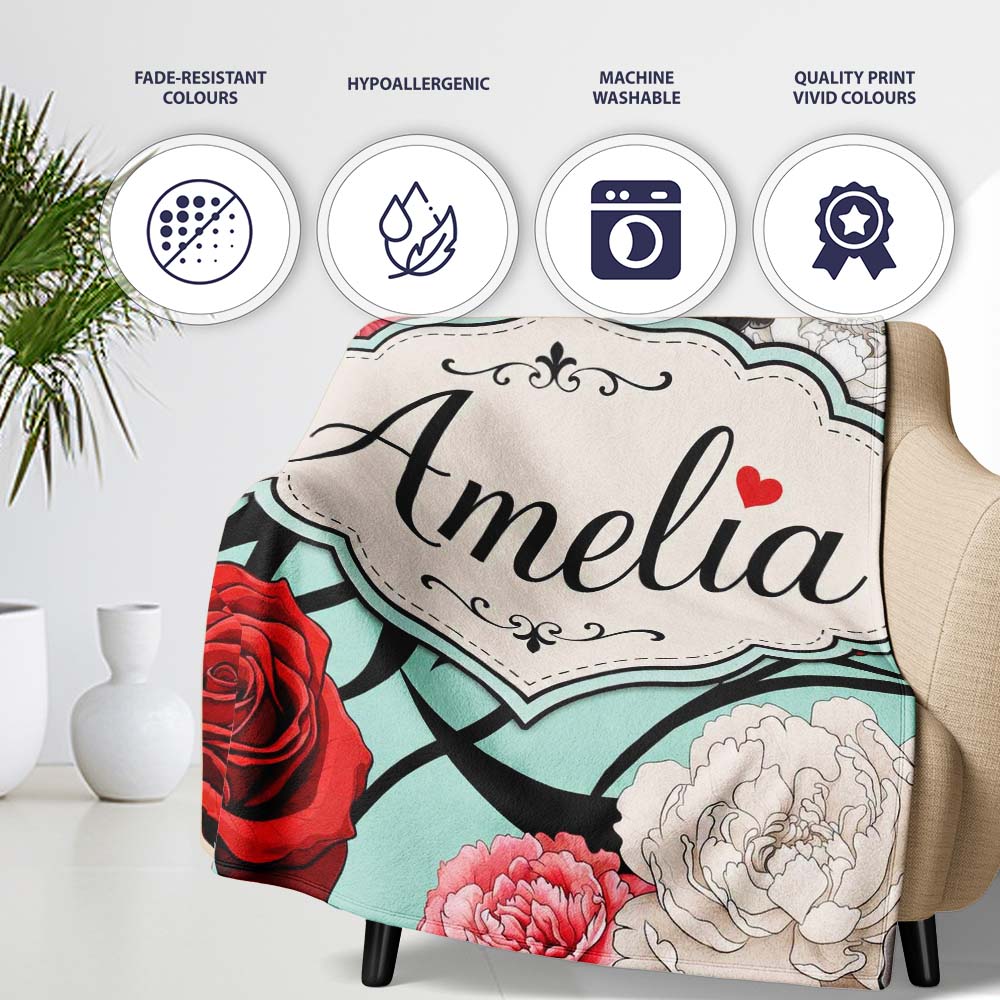 Elegant Rose Floral with Black Red and White Flowers on Teal Lovely  Personalised Custom Name Super Soft Fleece Blanket Bed Sofa Throw