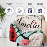 Elegant Rose Floral with Black Red and White Flowers on Teal Lovely  Personalised Custom Name Super Soft Fleece Blanket Bed Sofa Throw