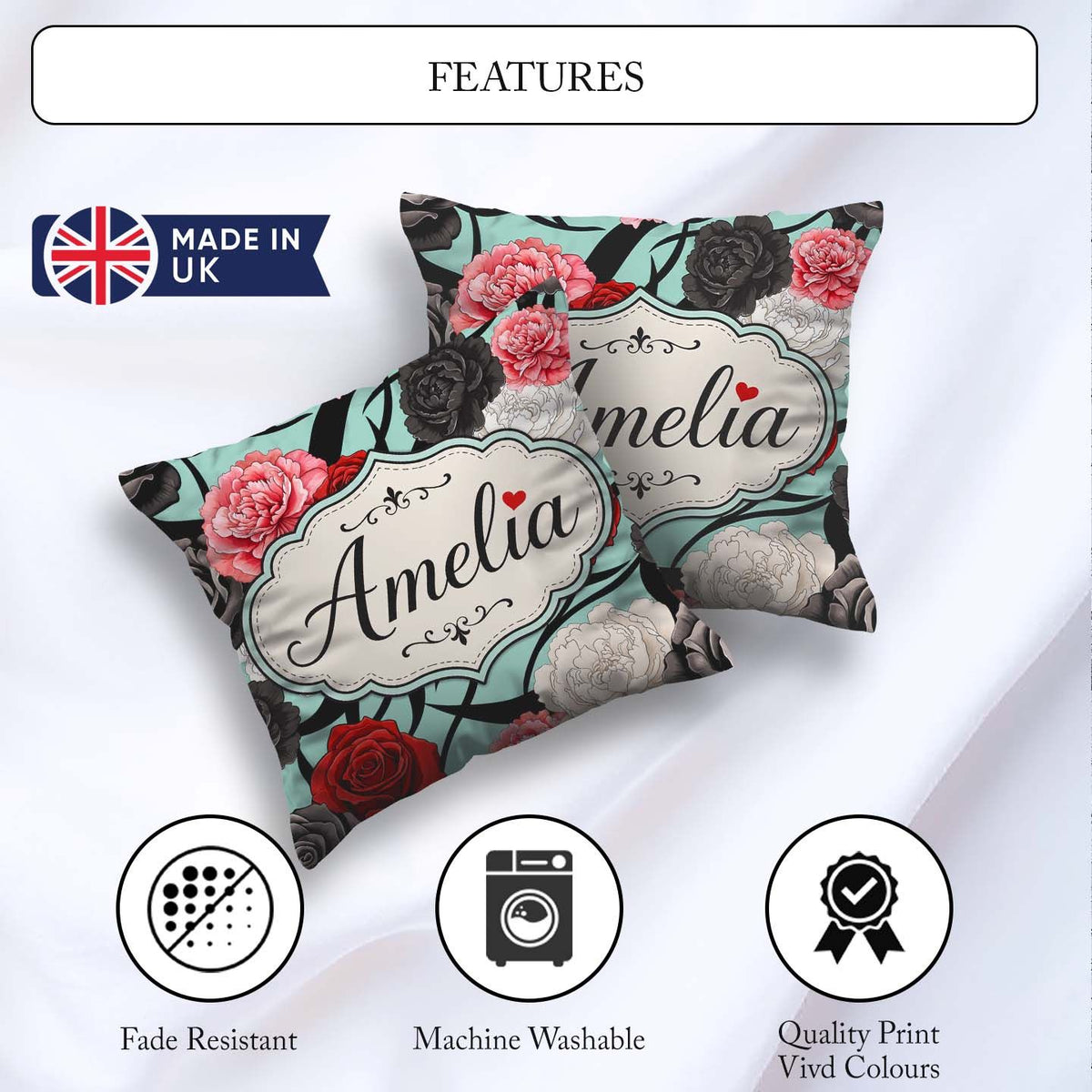 Custom Name Elegant Rose Floral with Black Red and White on Teal Square Filled Cushion Throw Pillow Sofa Bed Home Decor Zip Washable UK Made