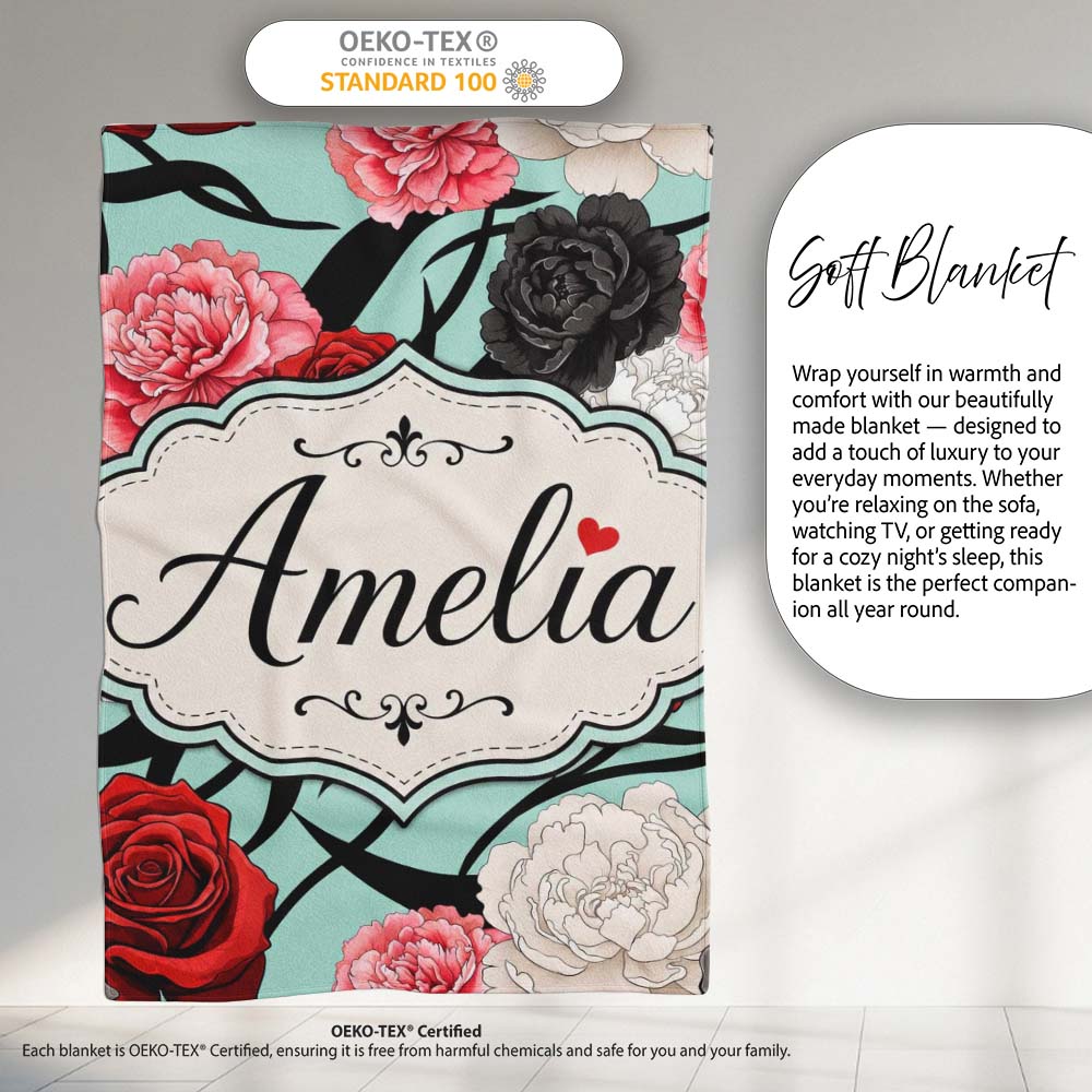 Elegant Rose Floral with Black Red and White Flowers on Teal Lovely  Personalised Custom Name Super Soft Fleece Blanket Bed Sofa Throw