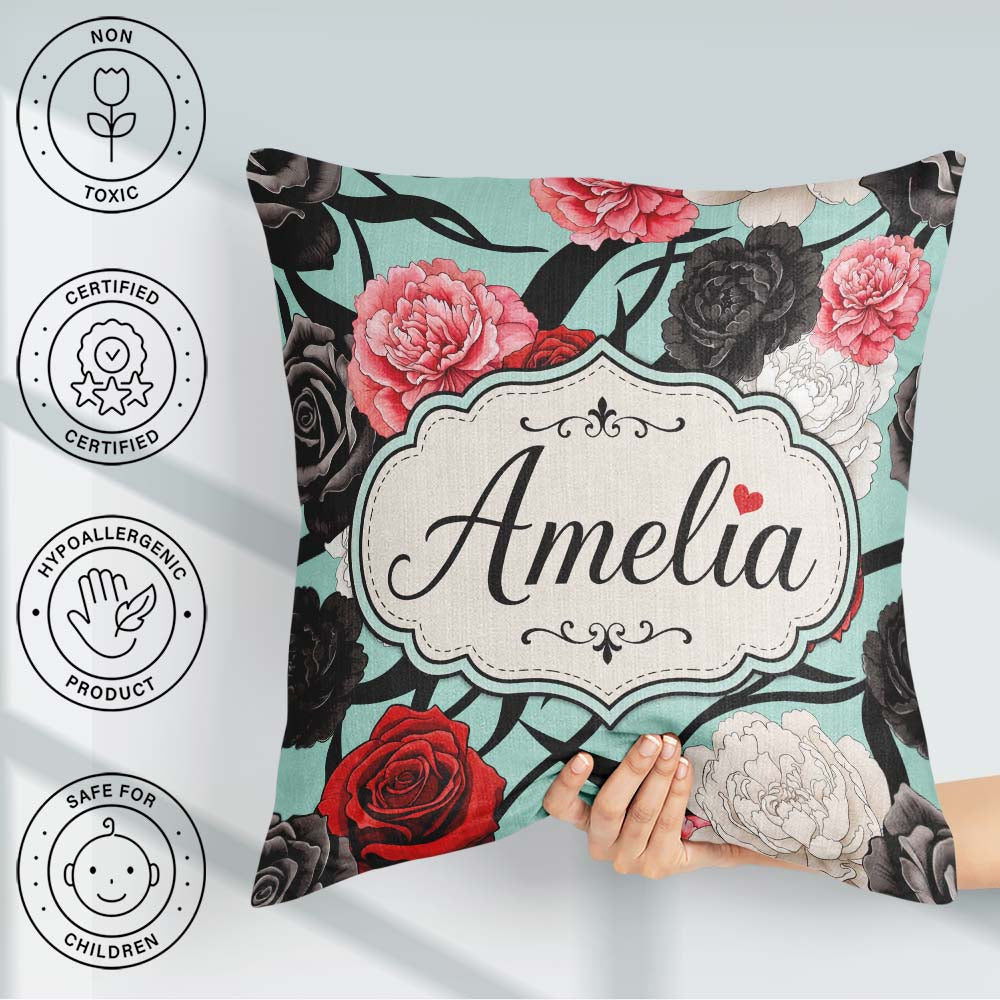 Custom Name Elegant Rose Floral with Black Red and White on Teal Square Filled Cushion Throw Pillow Sofa Bed Home Decor Zip Washable UK Made