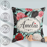 Custom Name Elegant Rose Floral with Black Red and White on Teal Square Filled Cushion Throw Pillow Sofa Bed Home Decor Zip Washable UK Made