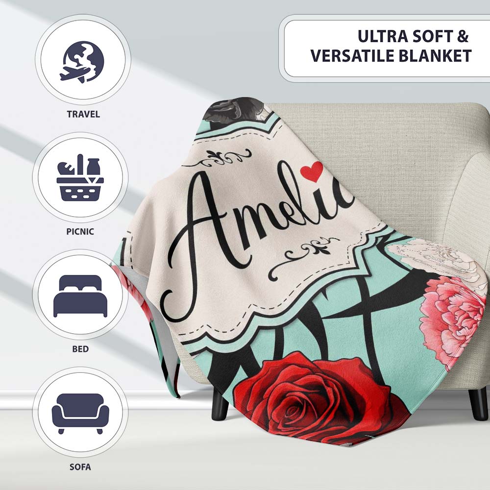 Elegant Rose Floral with Black Red and White Flowers on Teal Lovely  Personalised Custom Name Super Soft Fleece Blanket Bed Sofa Throw
