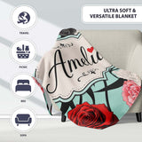 Elegant Rose Floral with Black Red and White Flowers on Teal Lovely  Personalised Custom Name Super Soft Fleece Blanket Bed Sofa Throw