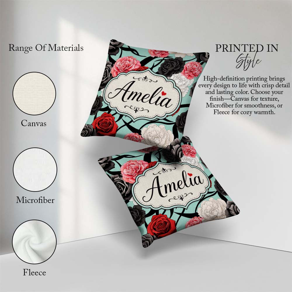 Custom Name Elegant Rose Floral with Black Red and White on Teal Square Filled Cushion Throw Pillow Sofa Bed Home Decor Zip Washable UK Made