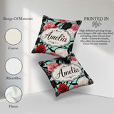 Custom Name Elegant Rose Floral with Black Red and White on Teal Square Filled Cushion Throw Pillow Sofa Bed Home Decor Zip Washable UK Made
