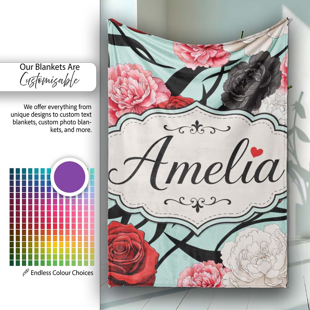Elegant Rose Floral with Black Red and White Flowers on Teal Lovely  Personalised Custom Name Super Soft Fleece Blanket Bed Sofa Throw