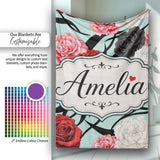 Elegant Rose Floral with Black Red and White Flowers on Teal Lovely  Personalised Custom Name Super Soft Fleece Blanket Bed Sofa Throw