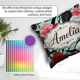 Custom Name Elegant Rose Floral with Black Red and White on Teal Square Filled Cushion Throw Pillow Sofa Bed Home Decor Zip Washable UK Made