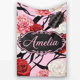 Elegant Rose Floral with Black Red and White Flowers on Soft Pink  Personalised Custom Name Super Soft Fleece Blanket Bed Sofa Throw