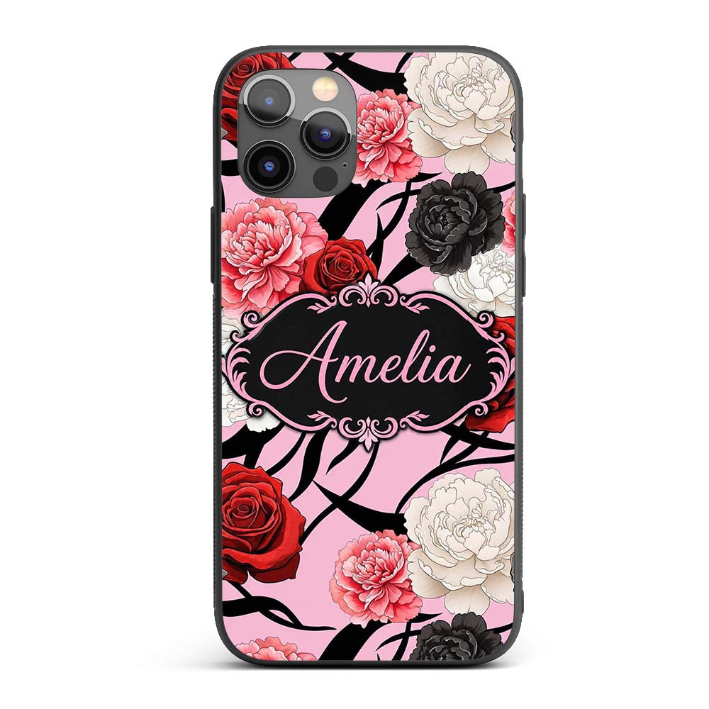 Elegant Rose Floral with Black Red and White Custom Name Protective Phone Case Mobile Cover Durable Everyday Smartphone Shock Resistant