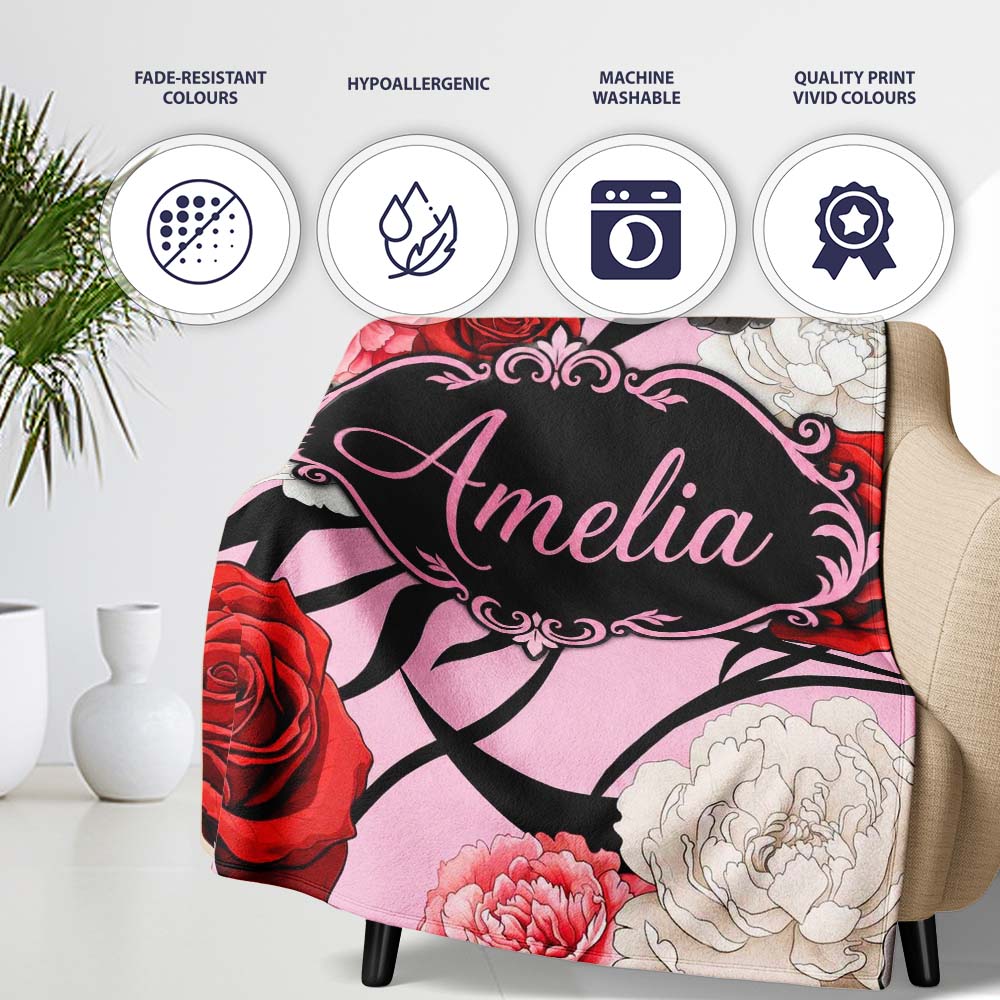Elegant Rose Floral with Black Red and White Flowers on Soft Pink  Personalised Custom Name Super Soft Fleece Blanket Bed Sofa Throw