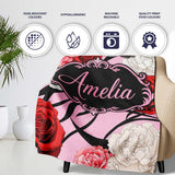 Elegant Rose Floral with Black Red and White Flowers on Soft Pink  Personalised Custom Name Super Soft Fleece Blanket Bed Sofa Throw