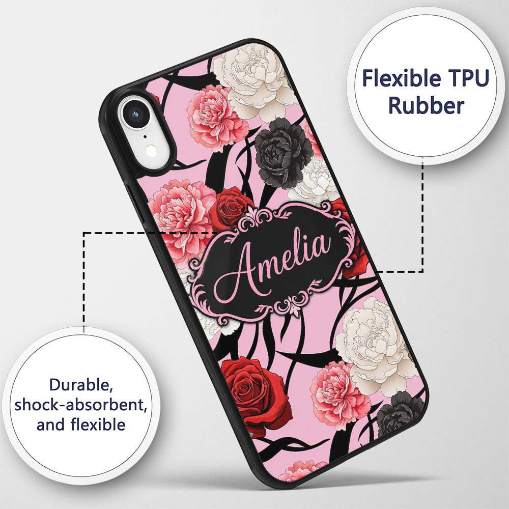 Elegant Rose Floral with Black Red and White Custom Name Protective Phone Case Mobile Cover Durable Everyday Smartphone Shock Resistant