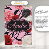 Elegant Rose Floral with Black Red and White Flowers on Soft Pink  Personalised Custom Name Super Soft Fleece Blanket Bed Sofa Throw