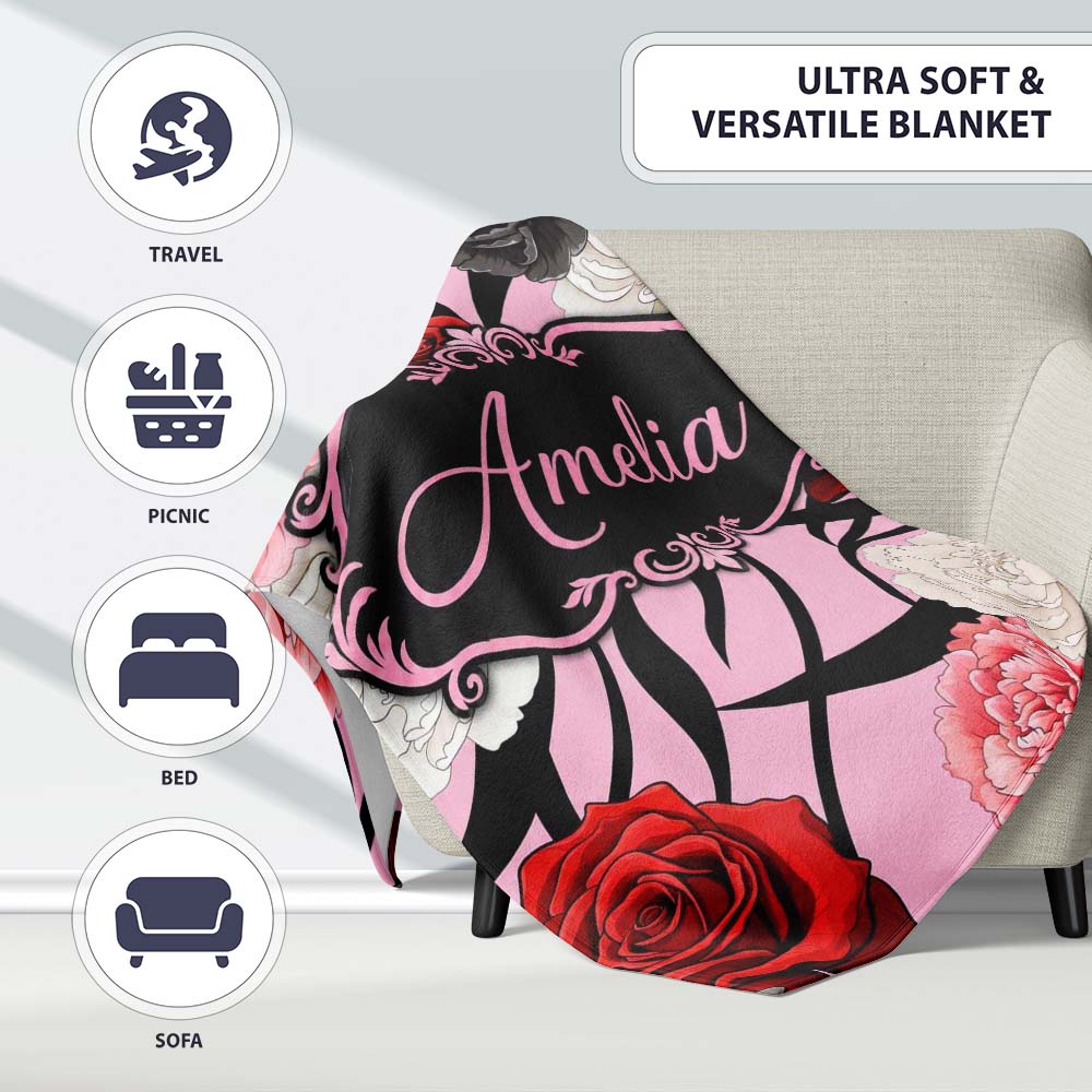 Elegant Rose Floral with Black Red and White Flowers on Soft Pink  Personalised Custom Name Super Soft Fleece Blanket Bed Sofa Throw