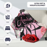 Elegant Rose Floral with Black Red and White Flowers on Soft Pink  Personalised Custom Name Super Soft Fleece Blanket Bed Sofa Throw