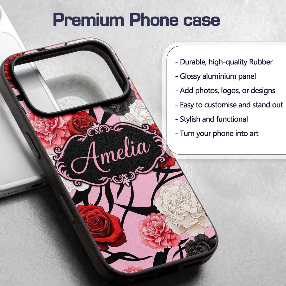 Elegant Rose Floral with Black Red and White Custom Name Protective Phone Case Mobile Cover Durable Everyday Smartphone Shock Resistant