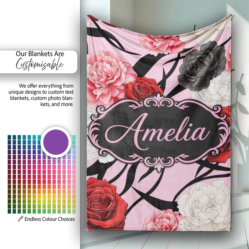Elegant Rose Floral with Black Red and White Flowers on Soft Pink  Personalised Custom Name Super Soft Fleece Blanket Bed Sofa Throw