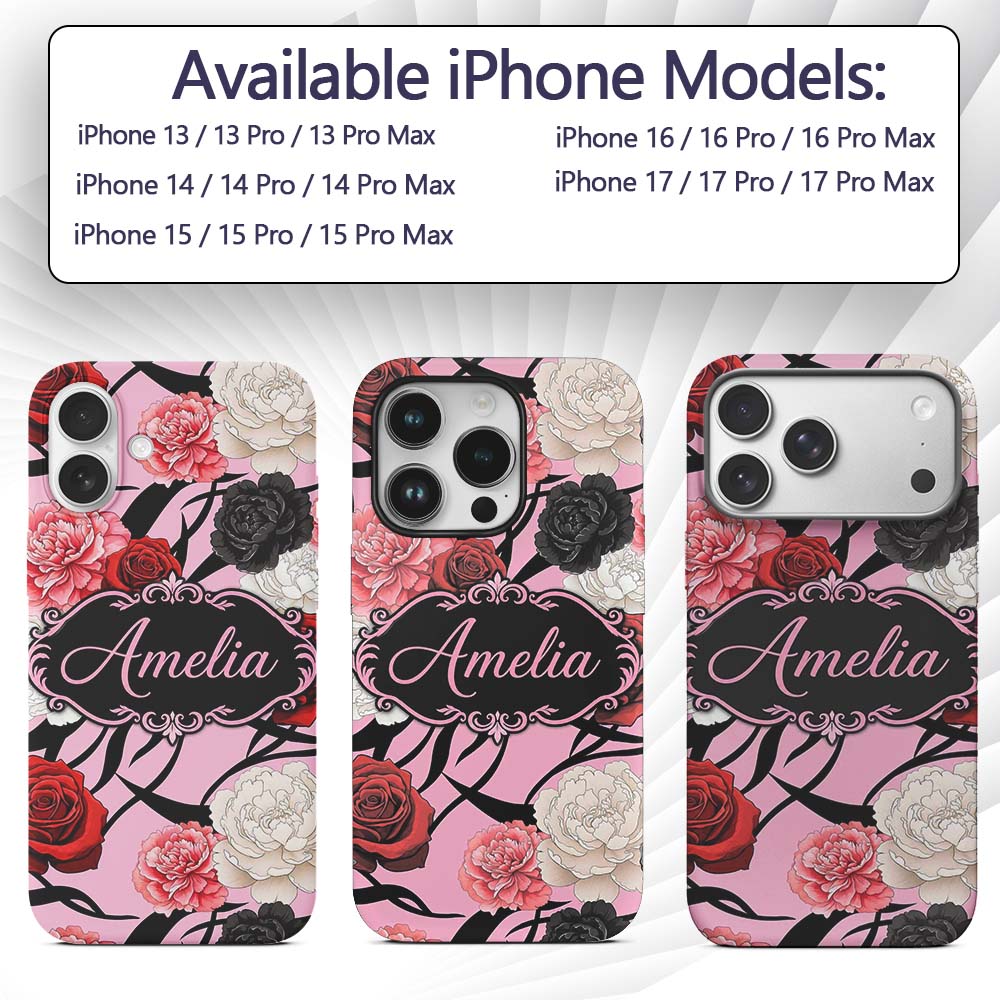 Elegant Rose Floral with Black Red and White Custom Name Protective Phone Case Mobile Cover Durable Everyday Smartphone Shock Resistant