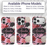 Elegant Rose Floral with Black Red and White Custom Name Protective Phone Case Mobile Cover Durable Everyday Smartphone Shock Resistant
