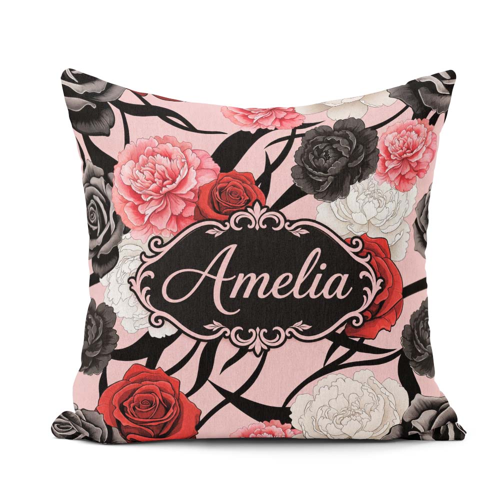 Custom Name Elegant Rose Floral with Black Red and White on Pink Square Filled Cushion Throw Pillow Sofa Bed Home Decor Zip Washable UK Made