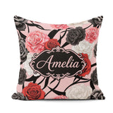 Custom Name Elegant Rose Floral with Black Red and White on Pink Square Filled Cushion Throw Pillow Sofa Bed Home Decor Zip Washable UK Made