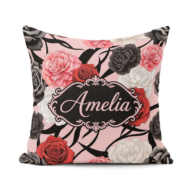 Custom Name Elegant Rose Floral with Black Red and White on Pink Square Filled Cushion Throw Pillow Sofa Bed Home Decor Zip Washable UK Made