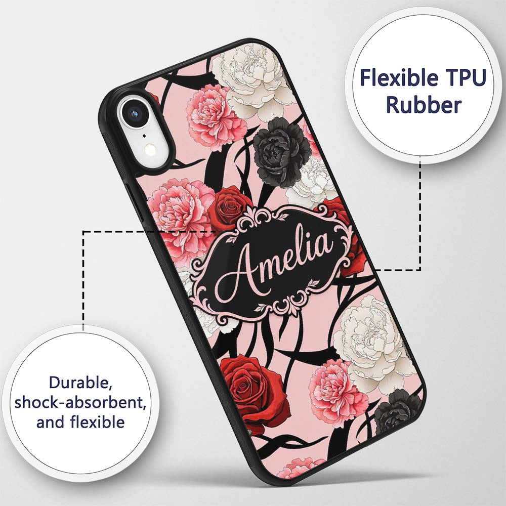 Elegant Rose Floral with Black Red and White Custom Name Protective Phone Case Mobile Cover Durable Everyday Smartphone Shock Resistant
