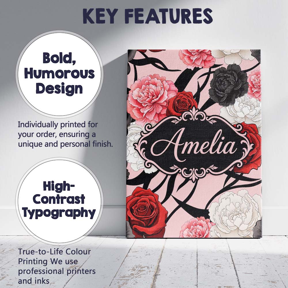 Personalised Name Elegant Rose Floral with Custom  Bespoke Contemporary Statement Canvas Wall Art Print Decor Picture Ready to Hang