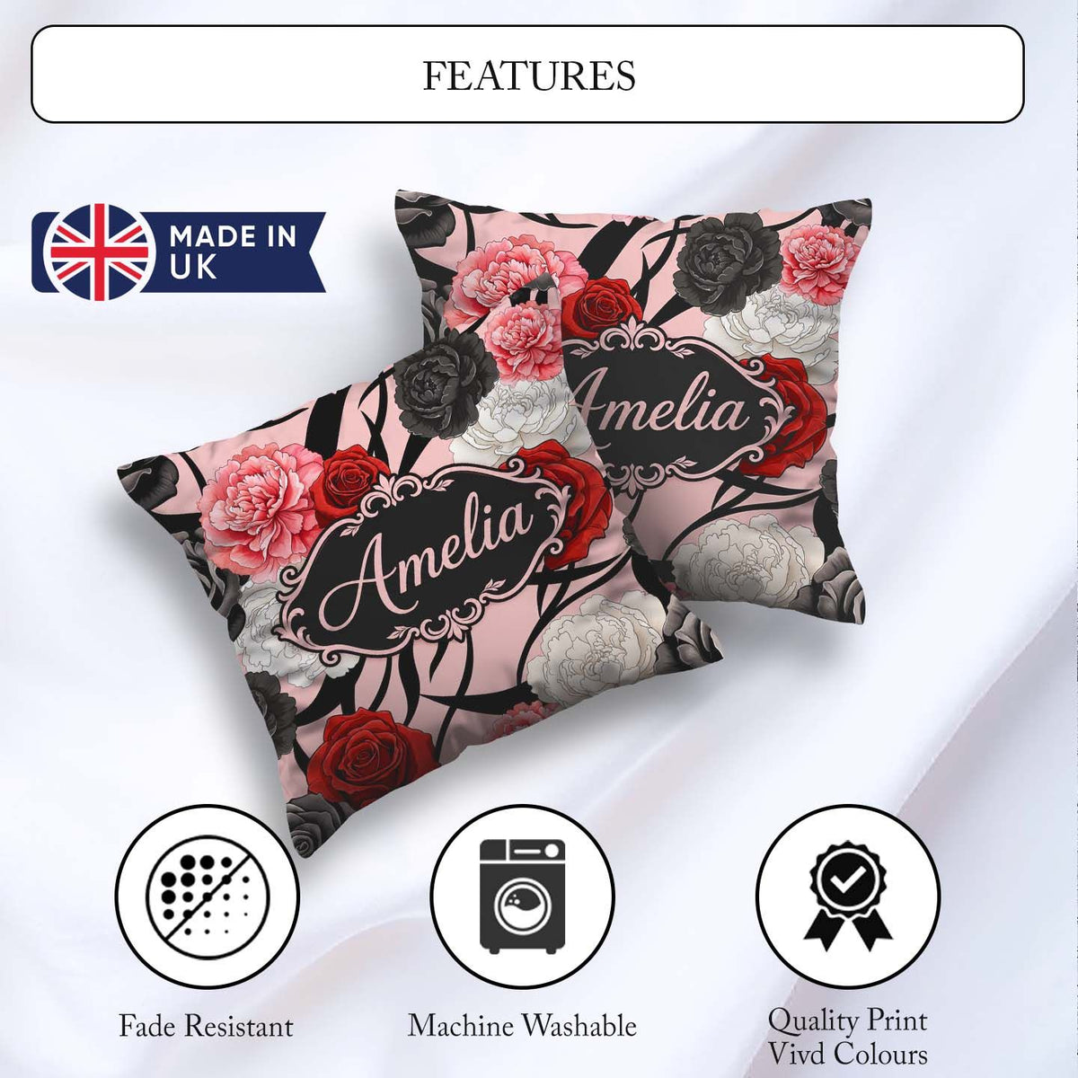 Custom Name Elegant Rose Floral with Black Red and White on Pink Square Filled Cushion Throw Pillow Sofa Bed Home Decor Zip Washable UK Made